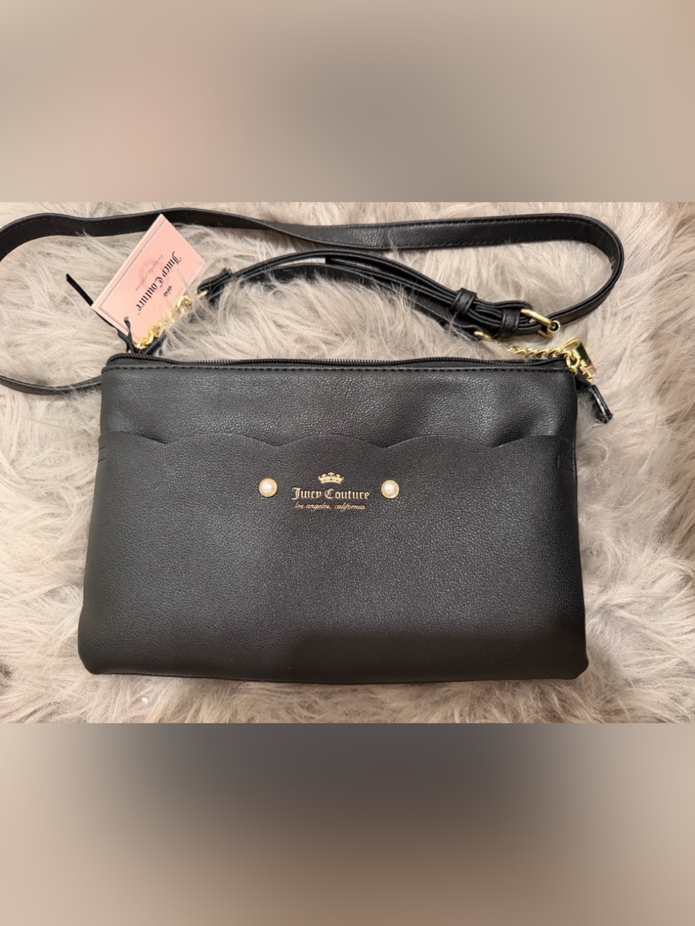 Juicy Couture Black Scalloped Shoulder Bag with Pearl Studs and Gold Logo